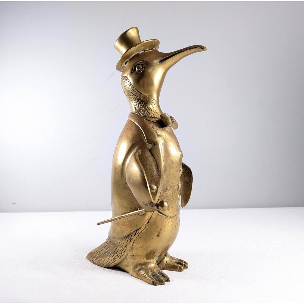 Vintage Large 13.5" brass Penguin figurine, Dapper penguin ornament top hat and